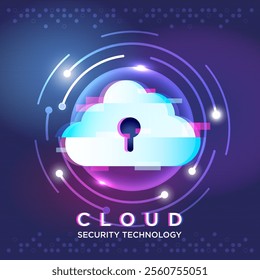 Key lock in circle circuit Cloud security concept abstract background. technology information protection system Internet safety and personal information security.