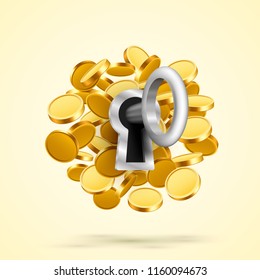 Key to the lock with coins. Vector illustration