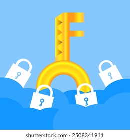 Key Lock Data Cloud Security Protection Vector Illustration. Suitable for Cyber Attack Threat Awareness Content