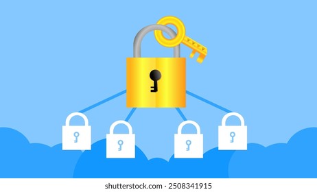 Key Lock Data Cloud Security Protection Vector Illustration. Suitable for Cyber Attack Threat Awareness Content