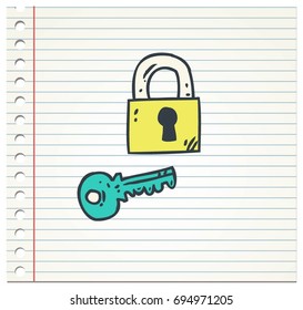 Key and lock doodle color icon isolated