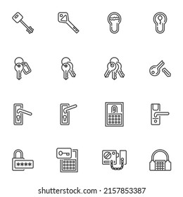 Conjunto de iconos de línea de bloqueo de teclas y de la manecilla de la puerta, colección de símbolos de vector de contorno, paquete de pictogramas de estilo lineal. Señales, ilustración del logotipo. Establecer incluye iconos como bloqueo de seguridad, candado con digitalización