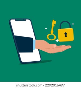 Key and lock in hands. Modern vector illustration in flat style