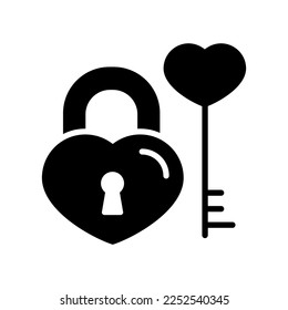 Key and lock in heart shape glyph icon. Valentines day symbol. Vector illustration, romance elements. Sticker, patch, badge, card for marriage, wedding
