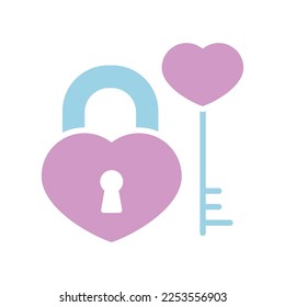 Key and lock in heart shape glyph icon. Valentines day symbol. Vector illustration, romance elements. Sticker, patch, badge, card for marriage, wedding