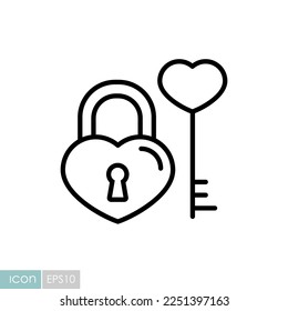 Tecla y bloqueo en el icono de forma de corazón. Símbolo del día de San Valentín. Ilustración vectorial, elementos románticos. Pegatina, parche, insignia, tarjeta para matrimonio, boda
