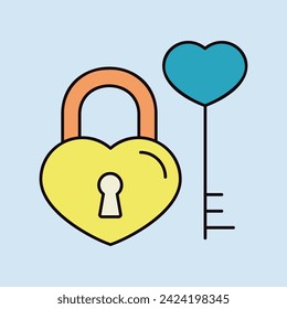 Key and lock in heart shape icon. Valentines day symbol. Vector illustration, romance elements. Sticker, patch, badge, card for marriage, wedding
