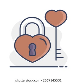 Llave y bloqueo en el icono de forma de corazón. Símbolo de San Valentín. Ilustración vectorial, Elementos románticos. Etiqueta engomada, parche, insignia, tarjeta para el matrimonio, boda