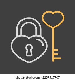 Key and lock in heart shape on dark background icon. Valentines day symbol. Vector illustration, romance elements. Sticker, patch, badge, card for marriage, wedding