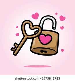 Key and Lock with Heart Symbol Cartoon Icon Vector Illustration. Isolated background. Love Symbol. Valentine's Day Concept