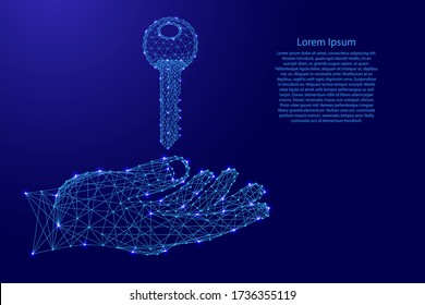 Key to the lock and holding hand from futuristic polygonal blue lines and glowing stars for banner, poster, greeting card. Vector illustration.