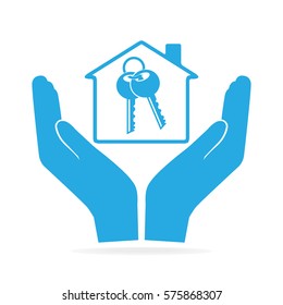Key lock and home in hand icon, protect, care concept