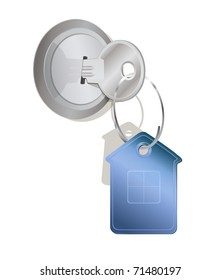 a key in a lock with a house-shaped tag