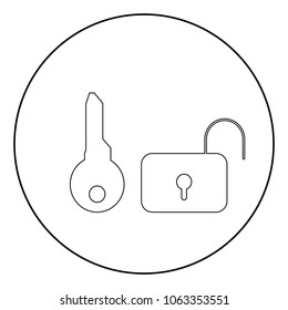 Key and lock  icon black color in circle or round vector illustration