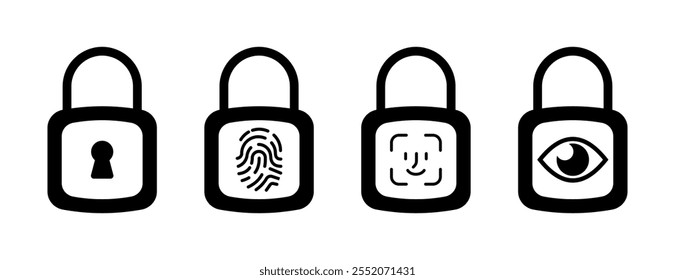 Key lock icon set. Biometric password. Silhouette Style. Vector icons