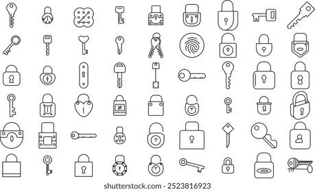 Key and lock icon set for logo and T-Shirt. Thin line art editable stroke.