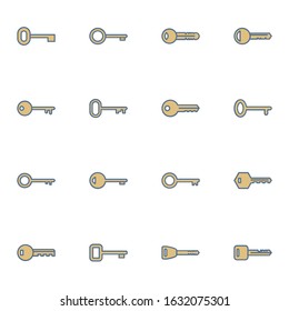 key and lock icon set. simple keys colored outline icon sign concept. flat sign vector illustration.