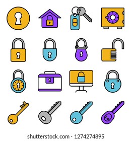 Key and lock icons pack. Isolated key and lock symbols collection. Graphic icons element