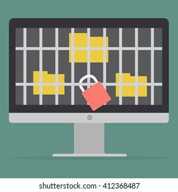 Key lock jail for folder got ransomware malware virus computer on computer PC. Vector illustration technology data privacy and security concept.