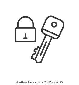 Key and lock, in line design. Key, lock, security, protection, access, mechanism, safety on white background vector. Key and lock editable stroke icon