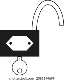 Key lock on white background. Lock-block open. Lock door shed garage. Key open lock