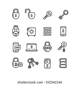 Key, lock, padlock, safe, door, security thin line vector icons. Collection of linear security icons, illustration of lock and code for security.