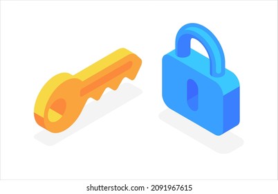 Key and lock. Privacy and security. Flat 3d vector isometric illustration isolated on white background