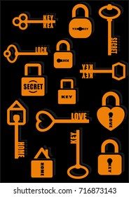 Key and Lock. Secret. Love. Home. Icon set. Vector illustration.