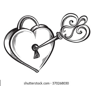 Key lock in the shape heart  Hand drawn sketch style  vector illustration 