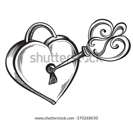 Key lock in the shape of a heart. Hand drawn sketch style, vector illustration.