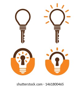 Key and lock shaped bulb symbols. Idea and security icons.