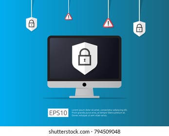 key lock shield protect icon on computer screen. Internet VPN Security protection Concept banner vector  illustration