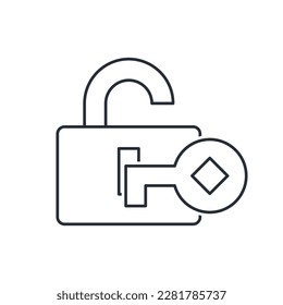 Schlüssel und Schloss. Speicherplattform und Plattform für die Vermögensverwaltung. Lineares Vektorsymbol einzeln auf weißem Hintergrund.