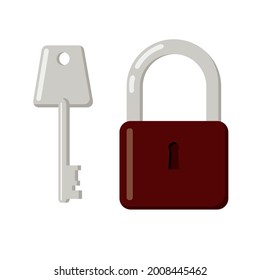 Key and lock, vector. Metal padlock for security. Cartoon, flat illustration.