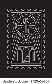 The key lock is a white on black background line art vector design, symbol and element. Back to 80-90s style, modern trend design style. Bright signboard, night advertising. Vector illustration.