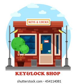 Key and locks local shop or store with lamp or lantern, garbage can. Work or job with duplication, and cutting, repairing or creating metal keys. May be used for craftsman and business theme