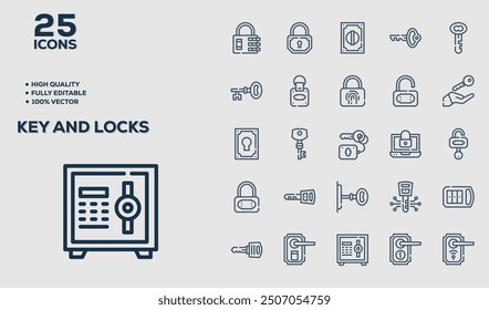 Key And Locks set of 25 outline icons related to Fitness. Linear icon collection. Editable stroke. Vector illustration