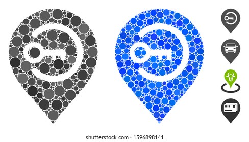 Key login marker composition of circle elements in variable sizes and color tinges, based on key login marker icon. Vector circle elements are grouped into blue composition.