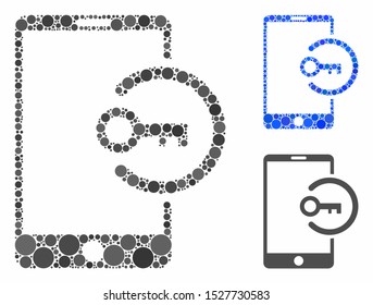 Key login smartphone composition of round dots in various sizes and color tones, based on key login smartphone icon. Vector round dots are united into blue composition.