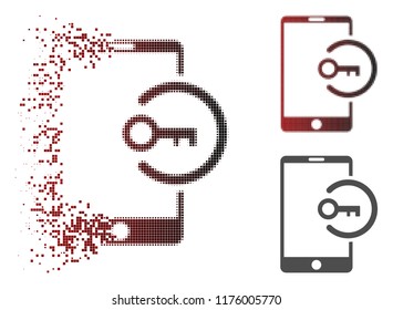 Key login smartphone icon in dispersed, dotted halftone and undamaged entire versions. Pieces are organized into vector disappearing key login smartphone form.