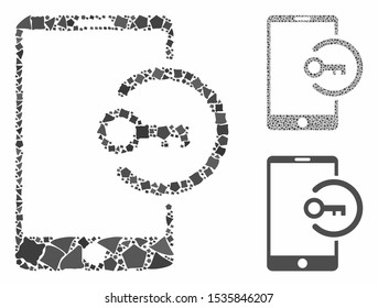 Key login smartphone mosaic of humpy items in variable sizes and color tones, based on key login smartphone icon. Vector humpy items are grouped into composition.