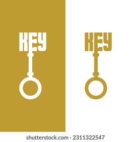 Key logo vector illustration, with key icon combined in letter E, isolated on white and gold backgroun