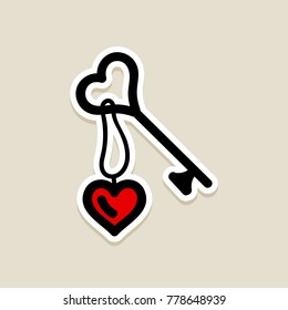 Key Love Heart Shape Romantic Tools And Utensils. Valentine's Day Icon, Doodle, Hand Drawn. Decoration For Greeting Cards, Posters, Patches, Prints For Clothes, Emblems, Sticker, Icon, Logo.