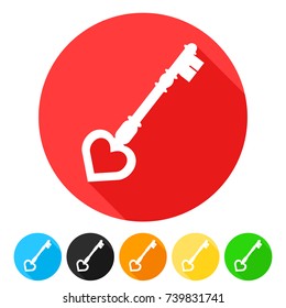 Key Love Hearth Icon Round Flat Vector Art Design Color Set