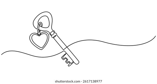 Key to Love Web Banner with Continuous Line Icon, Love Keys Black Stroke Linear Icon, Continuous one line drawing of a heart shaped lock and key. Vector illustration, Key with heart in single minimal.