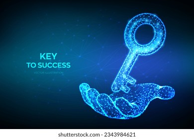 Key. Low poly abstract key sign in hand. Key to success or solution. Turnkey solution, services concept. Goals achievement, opportunities for business development. 3D low polygonal vector illustration