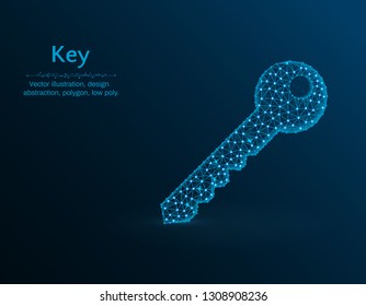 Key low poly vector illustration, door key icon on blue background, abstract vector illustration made from points and lines