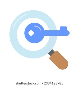 Key with magnifier denoting concept vector of keyword search in modern style