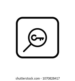 Key with magnifying glass line vector icon. Marketing outline illustration.