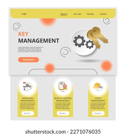 Key management flat landing page website template. Operation management, quality control management, safety management. Web banner with header, content and footer. Vector illustration.